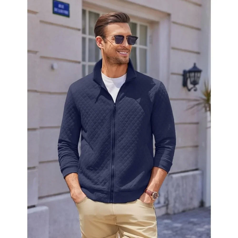 COOFANDY Men Navy Blue Zip Up Mock Neck Quilted Lightweight Sweater Jacket
